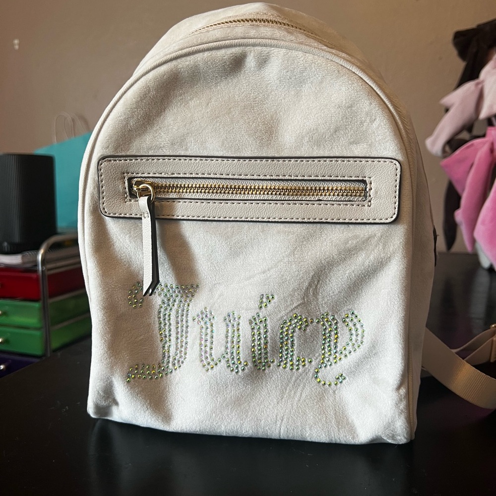 Juicy Couture Cream Mini Backpack with Green Rhinestone Logo